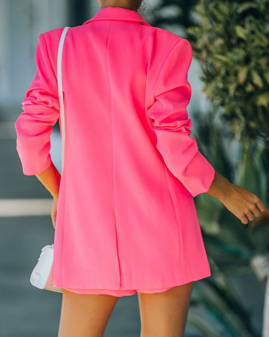 Clothing * | Endl-001 Standards Pocketed Blazer Neon Pink Flash Sale Coats & Jackets