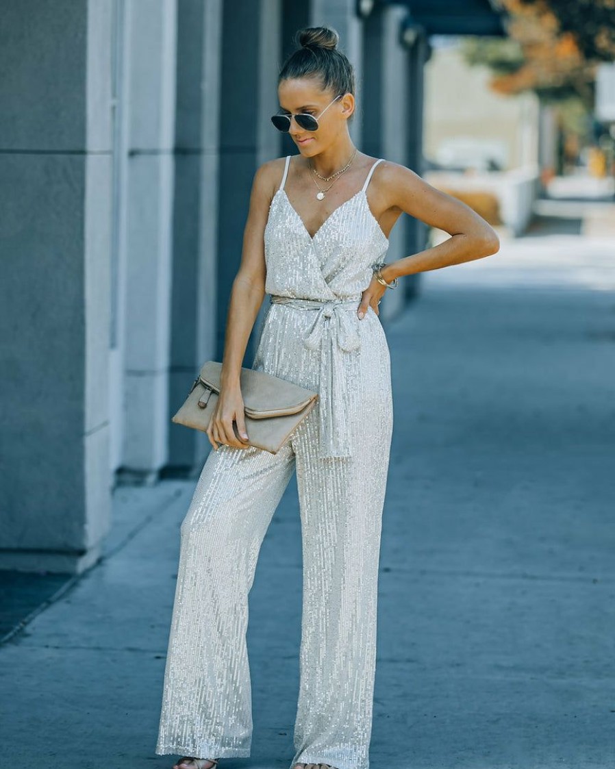 Clothing * | On T-001 Rompers + Jumpsuits Starry Night Sequin Jumpsuit Champagne