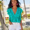 Clothing * | Entr-001 Take Me To Miami Elisabetta Ruched Peplum Top Teal Green Final Sale