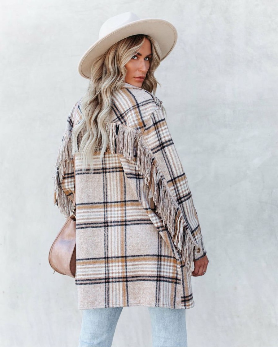 Clothing * | Fore-001 Give Thanks Pocketed Fringe Plaid Coat Coats & Jackets