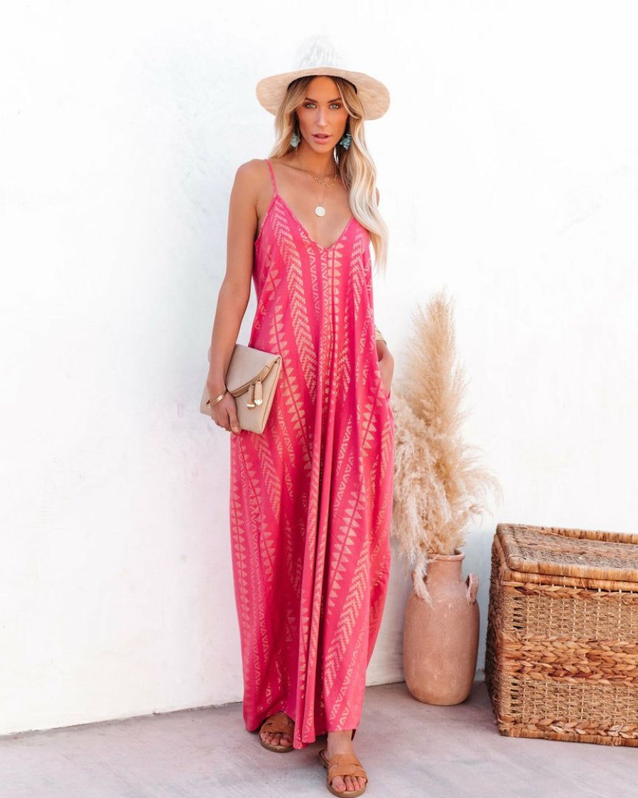 Clothing * | Elan-001 Dresses Winona Cotton Blend Pocketed Shimmer Maxi Dress Rose Gold Final Sale