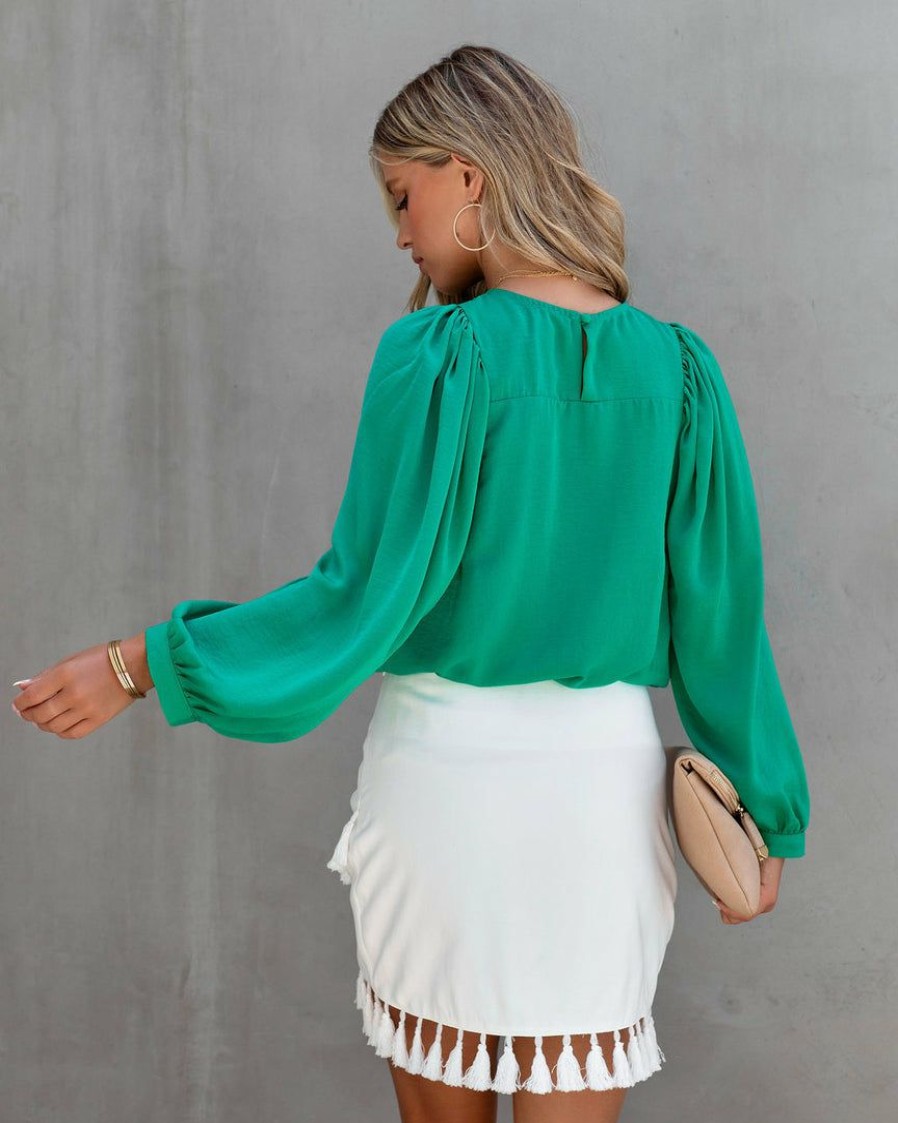 Clothing * | Flaw-001 Bejeweled Satin Long Sleeve Blouse Kelly Green Take Me To Miami