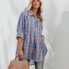 Clothing * | Enc-001 Vindy Cotton Blend Pocketed Plaid Henley Top Blue- Final Sale Tops