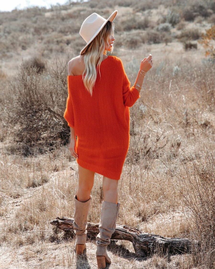 Clothing * | Pol-001 Cecelia Asymmetrical Knit Sweater Dress Red Orange Final Sale Dresses