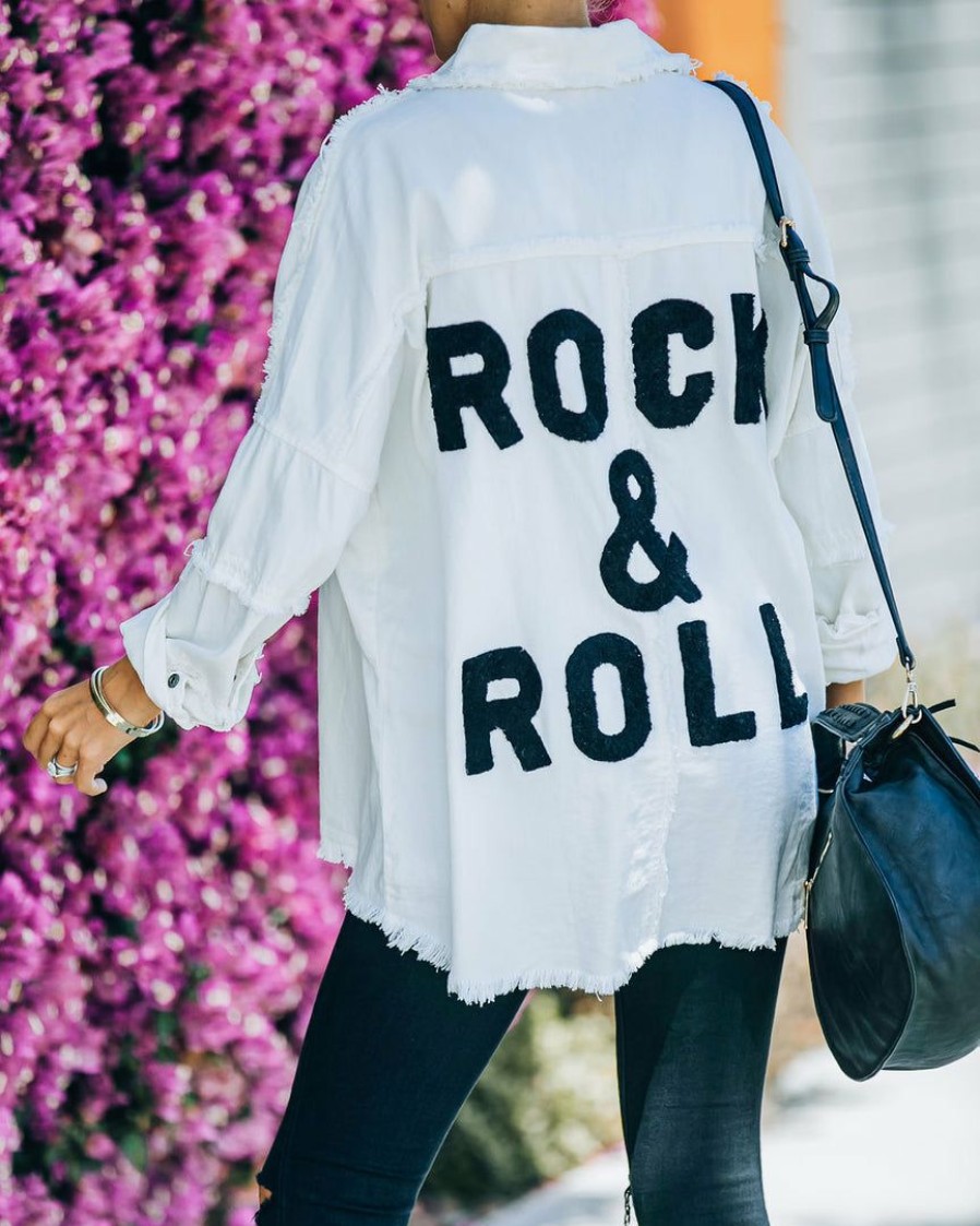 Clothing * | Elan-001 Cotton Rock & Roll Frayed Utility Jacket White Coats & Jackets