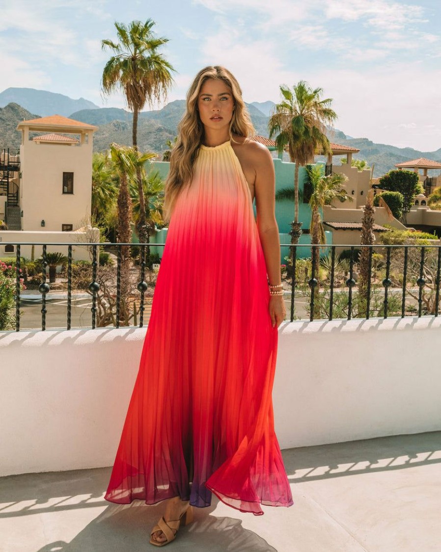 Clothing * | Lati-001 Mykonos Pleated Ombre Halter Maxi Dress Pink Red Dresses