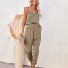 Clothing * | Tea-002 Kaylie Tencel Pocketed Lace Cami Jumpsuit Olive Rompers + Jumpsuits