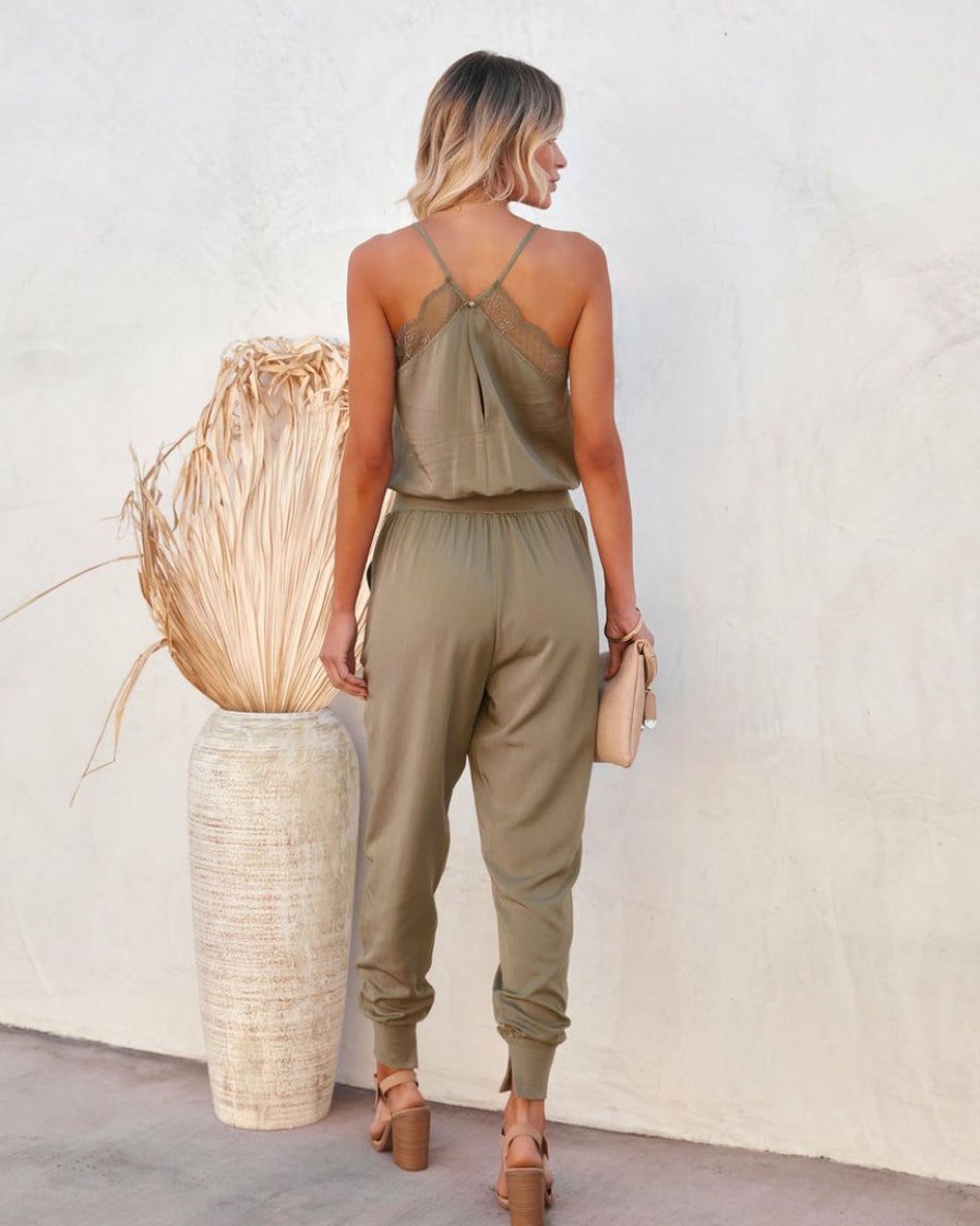 Clothing * | Tea-002 Kaylie Tencel Pocketed Lace Cami Jumpsuit Olive Rompers + Jumpsuits