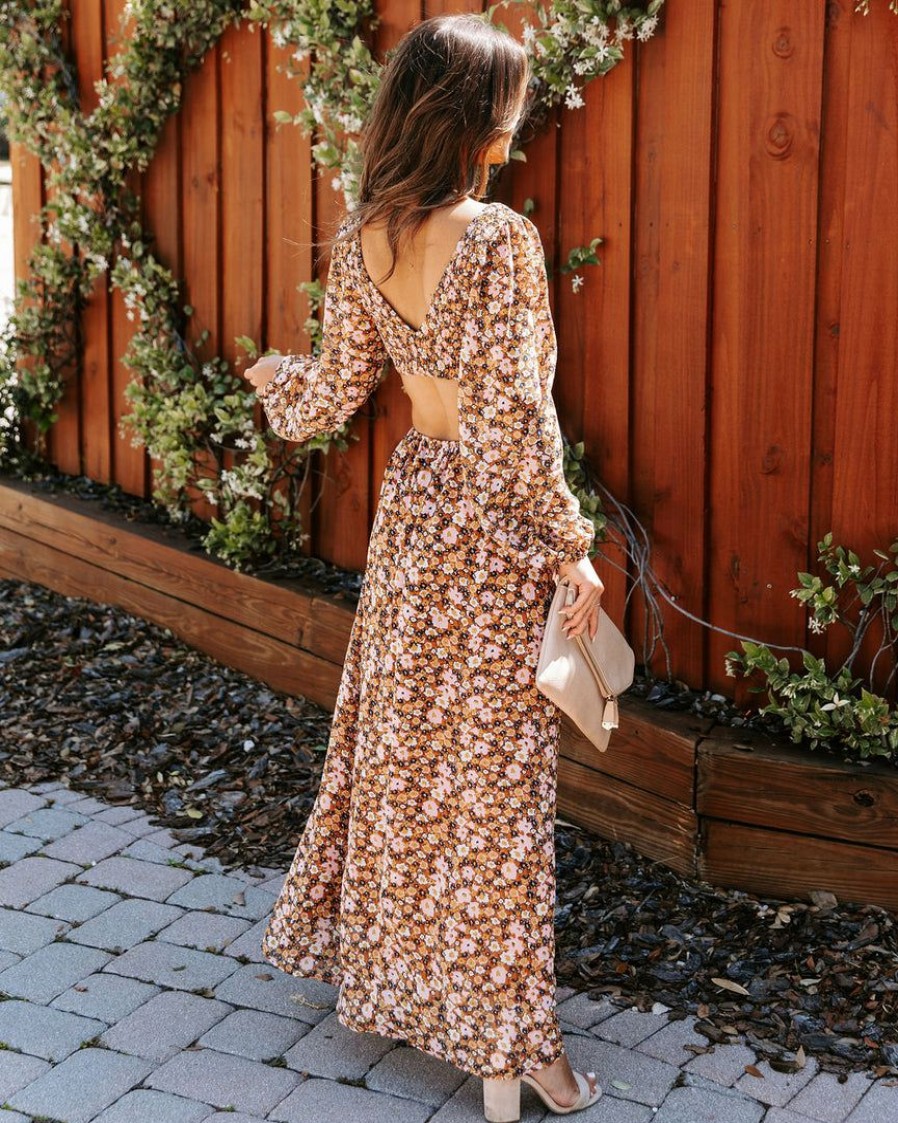 Clothing * | Lush-001 Special Event Roslyn Floral Smocked Cutout Maxi Dress Caramel Pink Final Sale