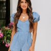 Clothing * | Blue-001 Elenore Puff Sleeve Cutout Denim Romper Blue Final Sale