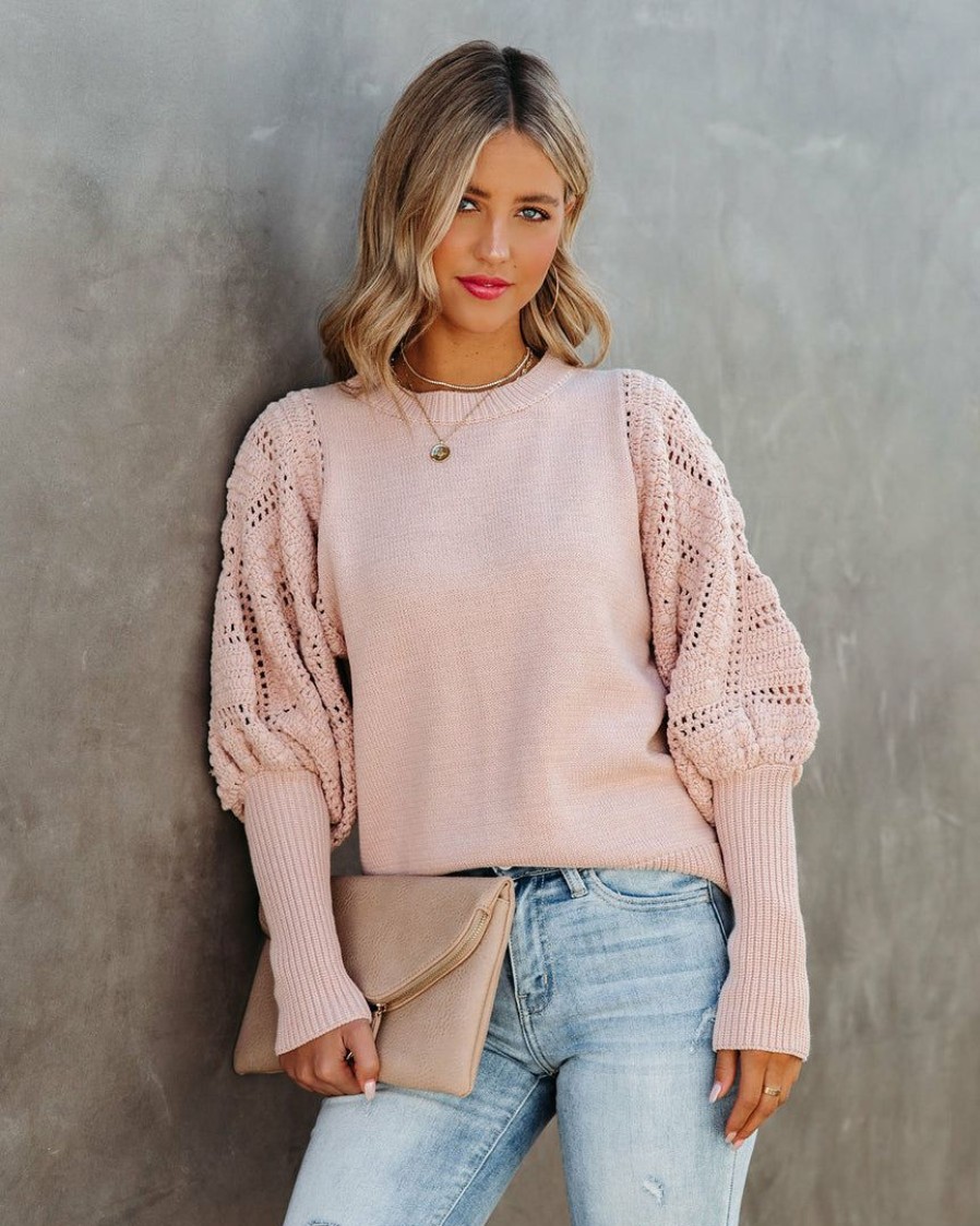 Clothing * | Fate-001 Sweaters Naveen Cotton Blend Crochet Sleeve Sweater Blush Final Sale