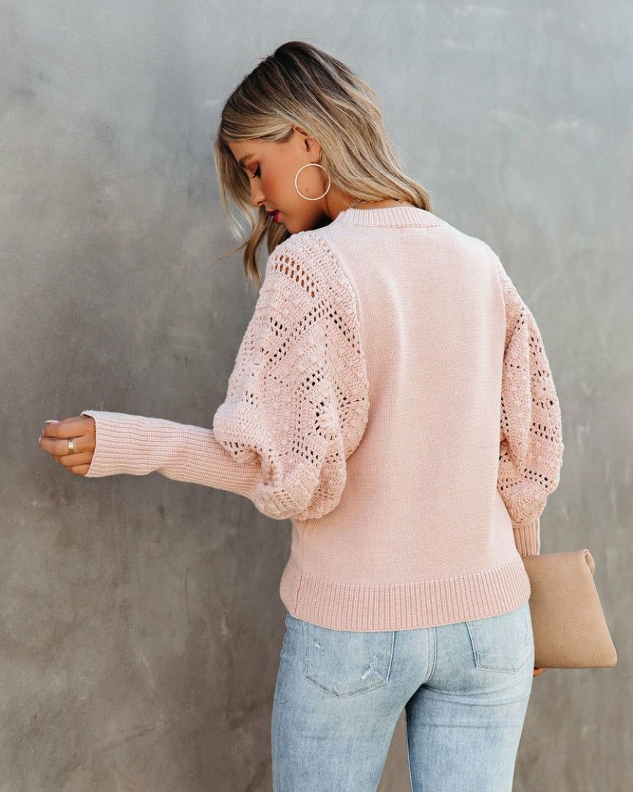 Clothing * | Fate-001 Sweaters Naveen Cotton Blend Crochet Sleeve Sweater Blush Final Sale