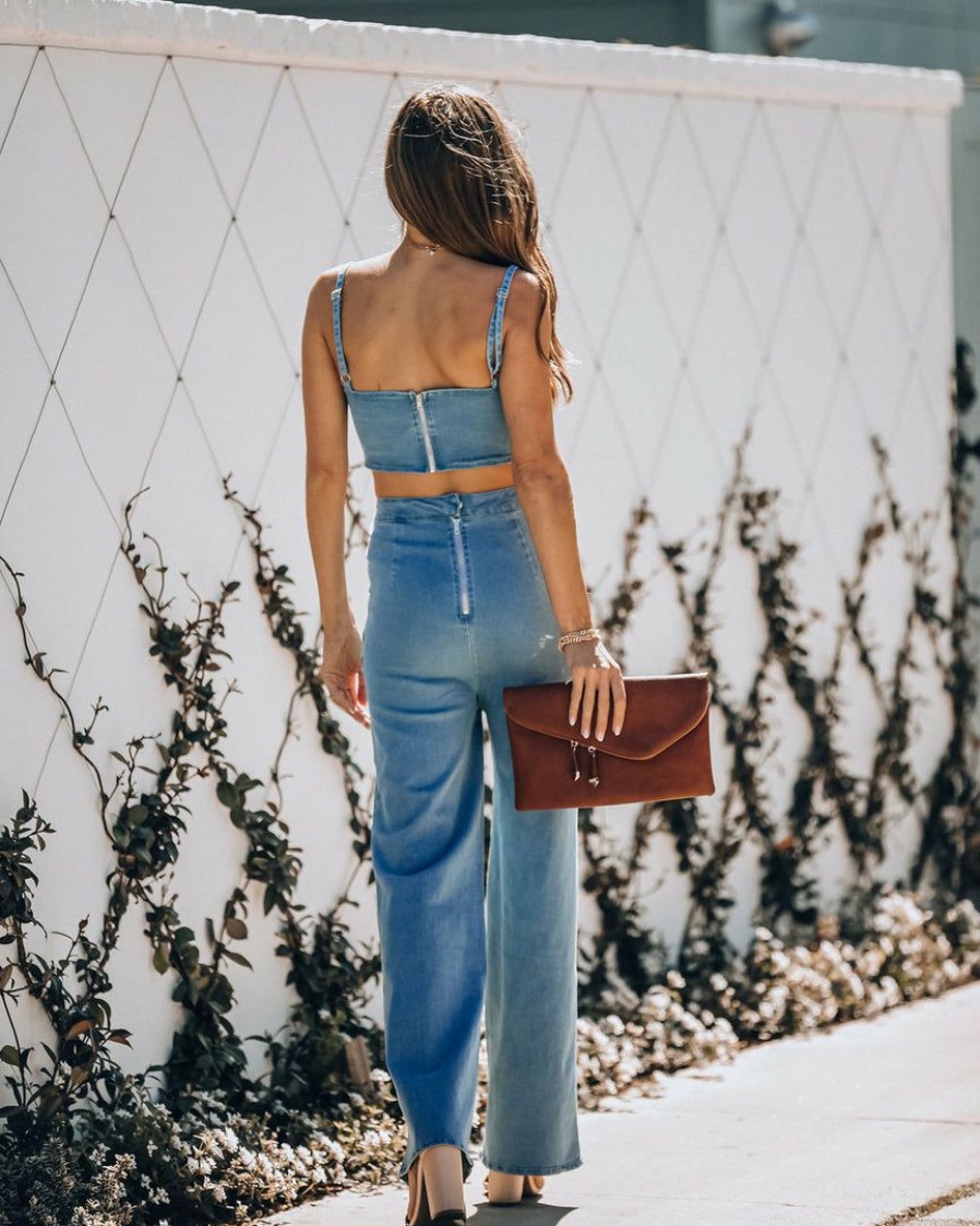 Clothing * | Blue-001 Rompers + Jumpsuits Vitamin Sea Pocketed Denim Cutout Jumpsuit Denim