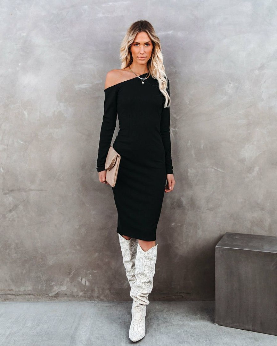 Clothing * | Tych-001 Arielle Off The Shoulder Ribbed Knit Midi Dress Final Sale