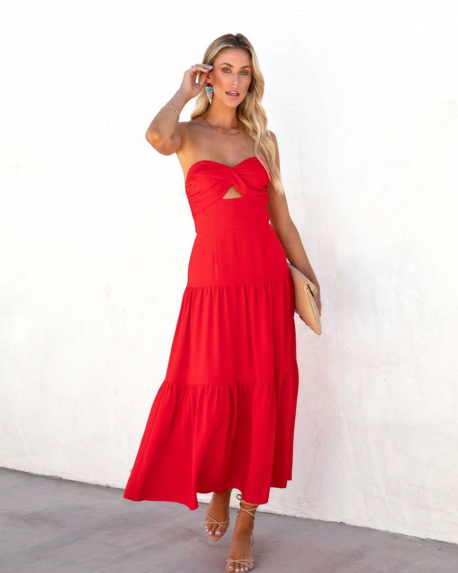 Clothing * | Aeom-001 Guest Of Wedding Amelinda Strapless Cutout Midi Dress Red