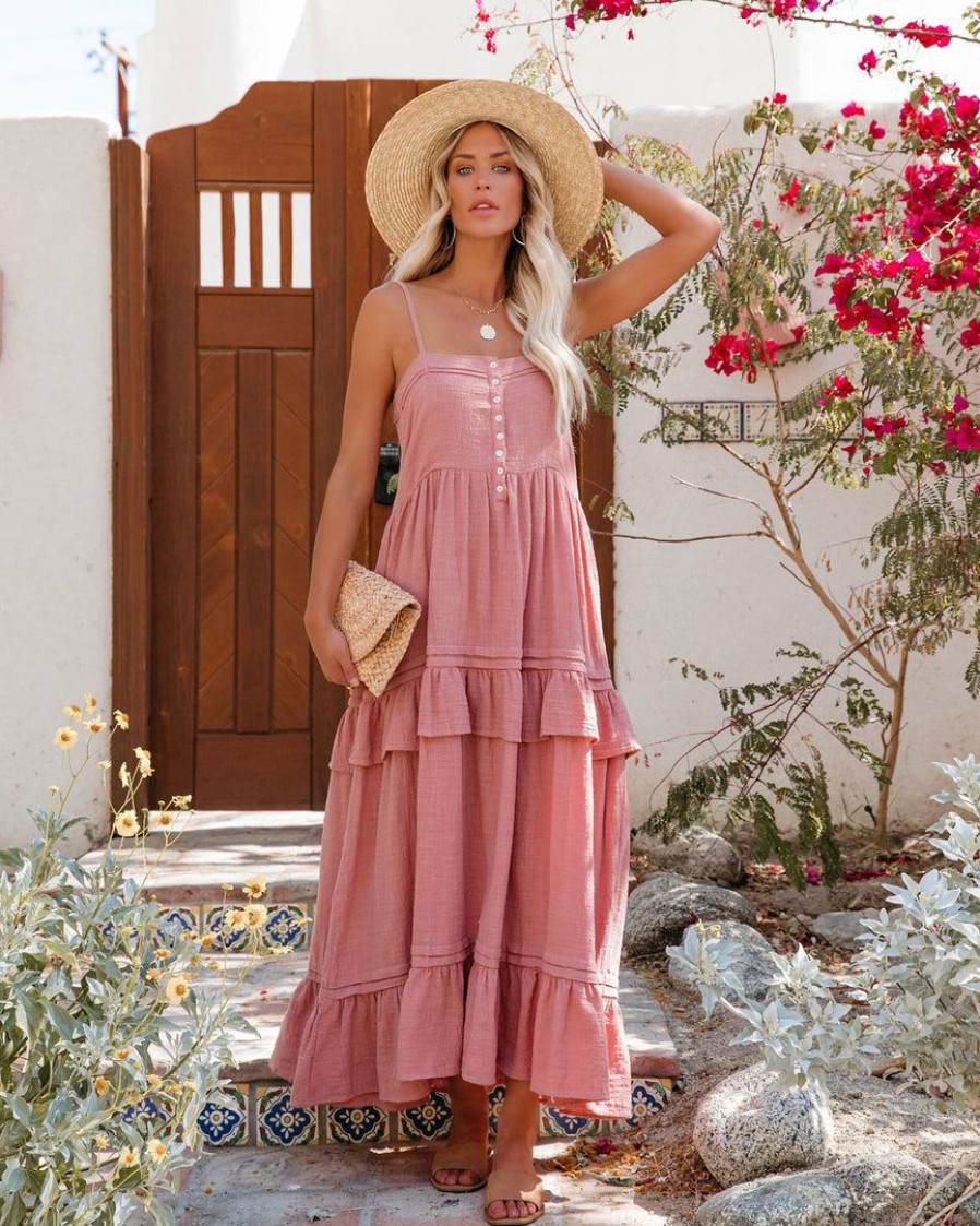 Clothing * | Oliv-001 Dresses Sunshower Cotton Tiered Maxi Dress Dusty Rose Final Sale