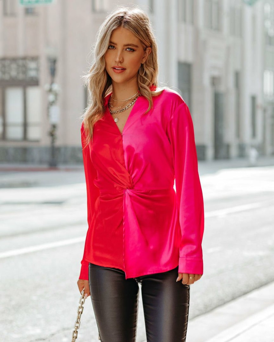 Clothing * | Aeom-001 Take Me To Miami Aella Satin Colorblock Twist Blouse Red Magenta Final Sale