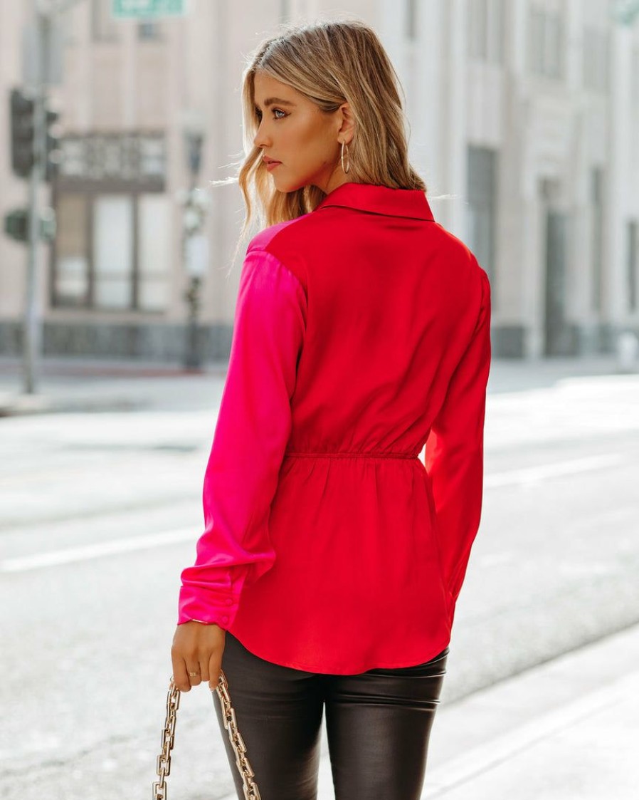 Clothing * | Aeom-001 Take Me To Miami Aella Satin Colorblock Twist Blouse Red Magenta Final Sale