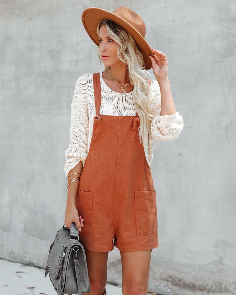 Clothing * | Miou-001 Northwest Cotton Linen Pocketed Romper Rust Rompers + Jumpsuits