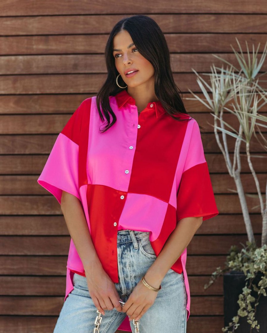 Clothing * | Entr-001 Tops Fenella Colorblock Button Down Top Red Combo Final Sale