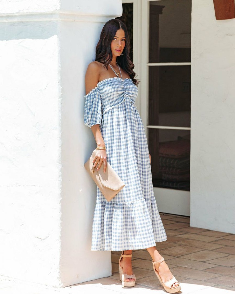 Clothing * | Blue-001 Just A Picnic Smocked Gingham Halter Midi Dress Final Sale