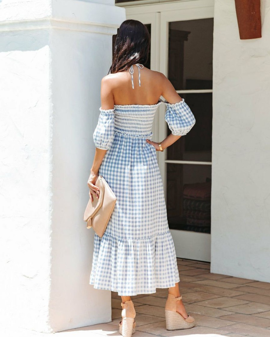 Clothing * | Blue-001 Just A Picnic Smocked Gingham Halter Midi Dress Final Sale