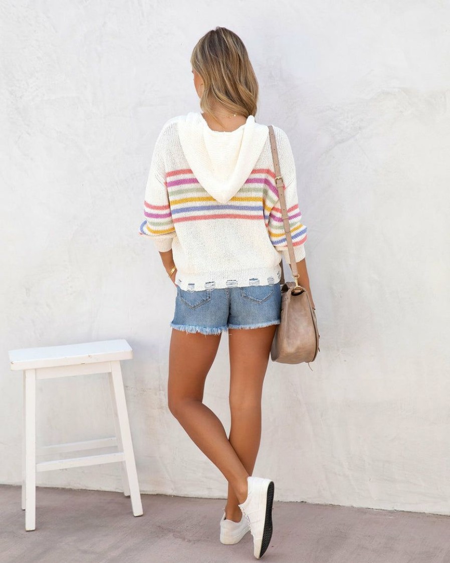 Clothing * | Dee-001 Sunny Daze Taste Of Summer Striped Knit Distressed Hooded Sweater