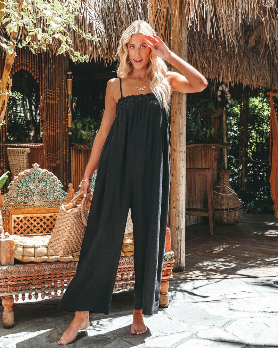 Clothing * | Flaw-001 Live With Sunshine Linen Blend Pocketed Jumpsuit Black Final Sale Rompers + Jumpsuits