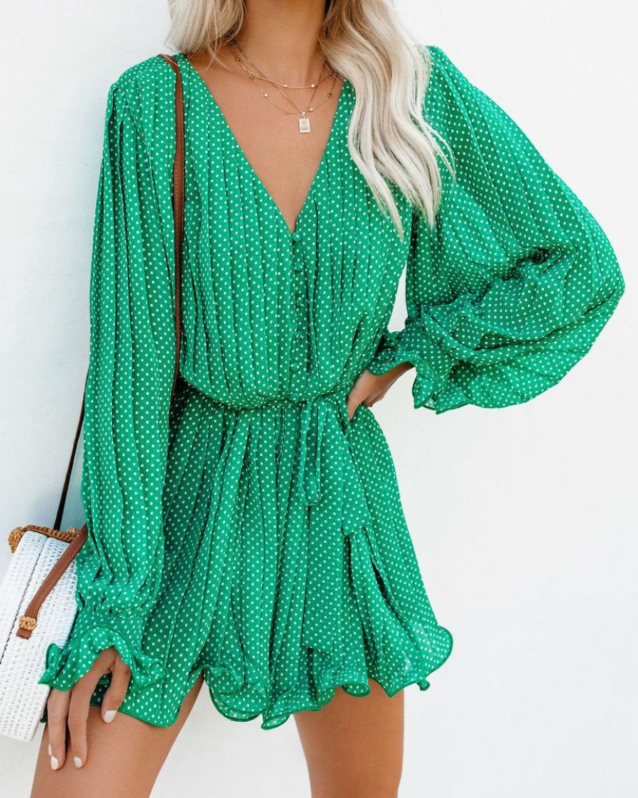 Clothing * | Endl-001 Viera Polka Dot Pleated Romper Green Take Me To Miami