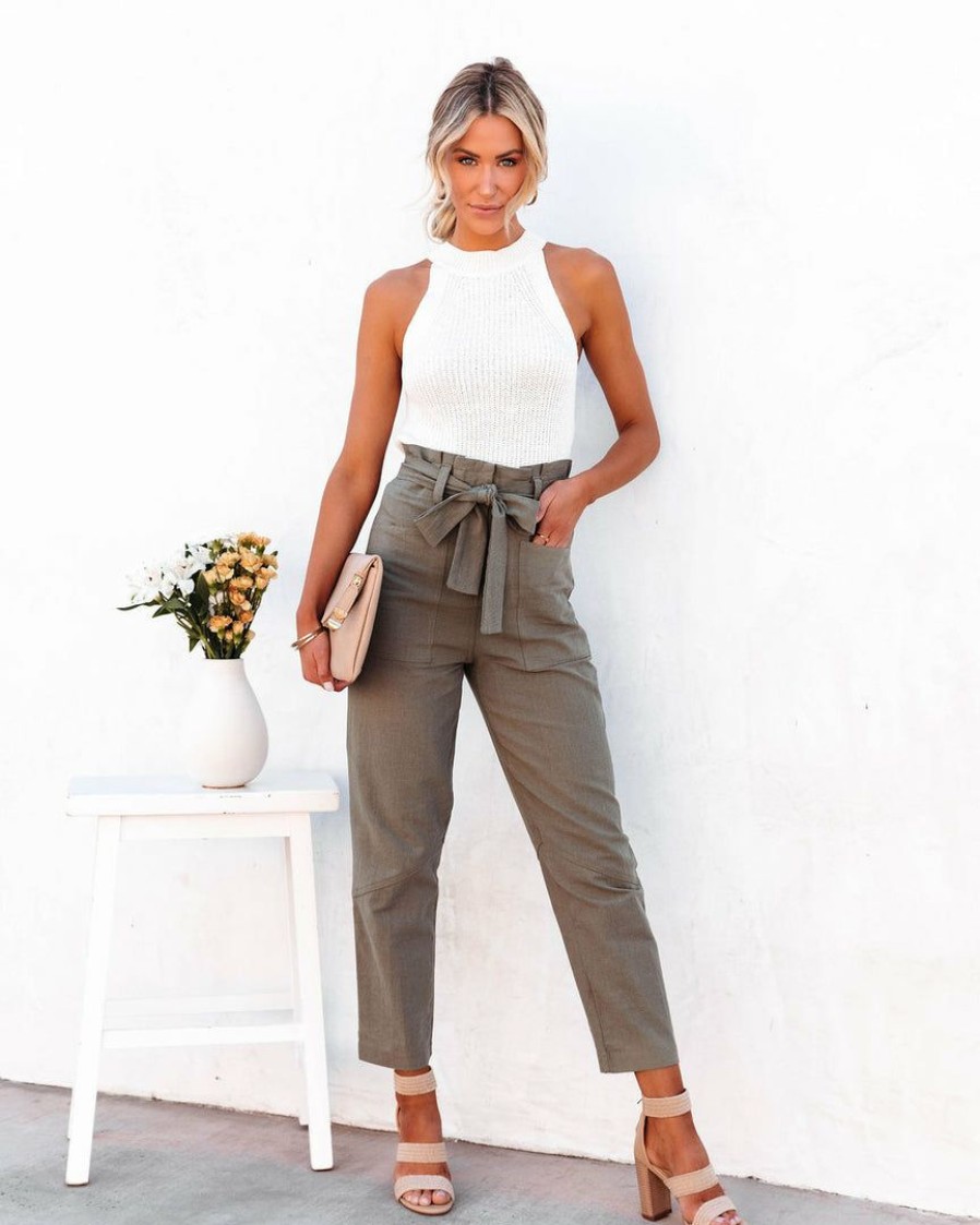 Clothing * | Tea-002 Bottoms Alix Cotton Blend Pocketed High Rise Tie Pants Olive Final Sale