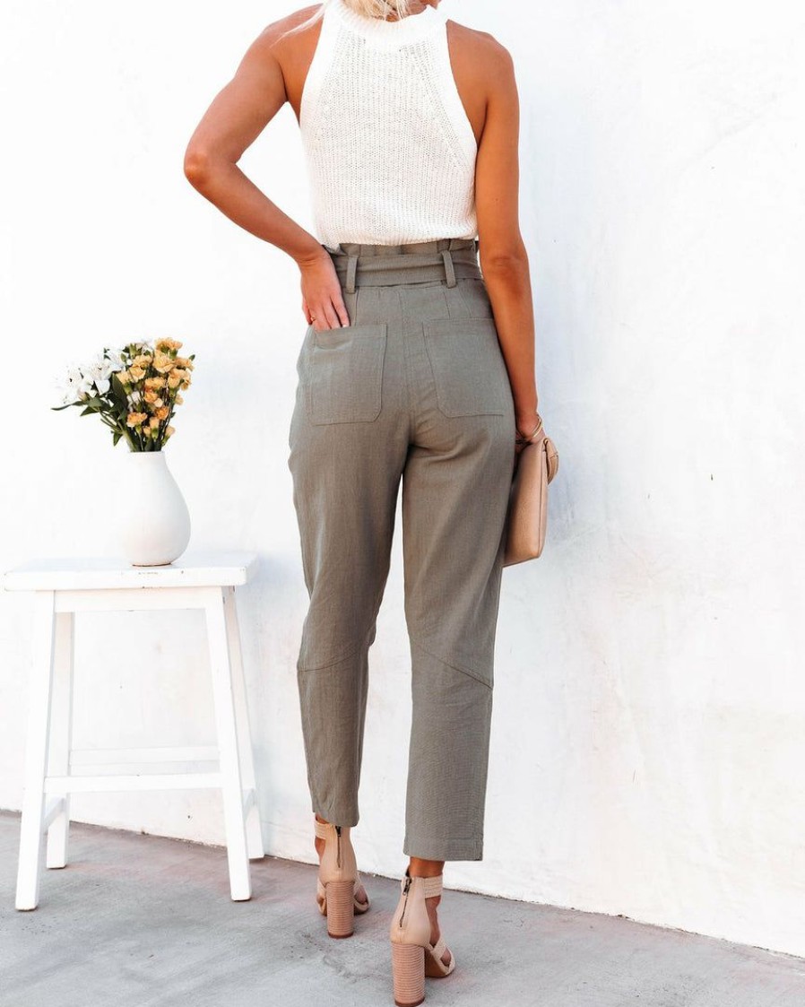 Clothing * | Tea-002 Bottoms Alix Cotton Blend Pocketed High Rise Tie Pants Olive Final Sale