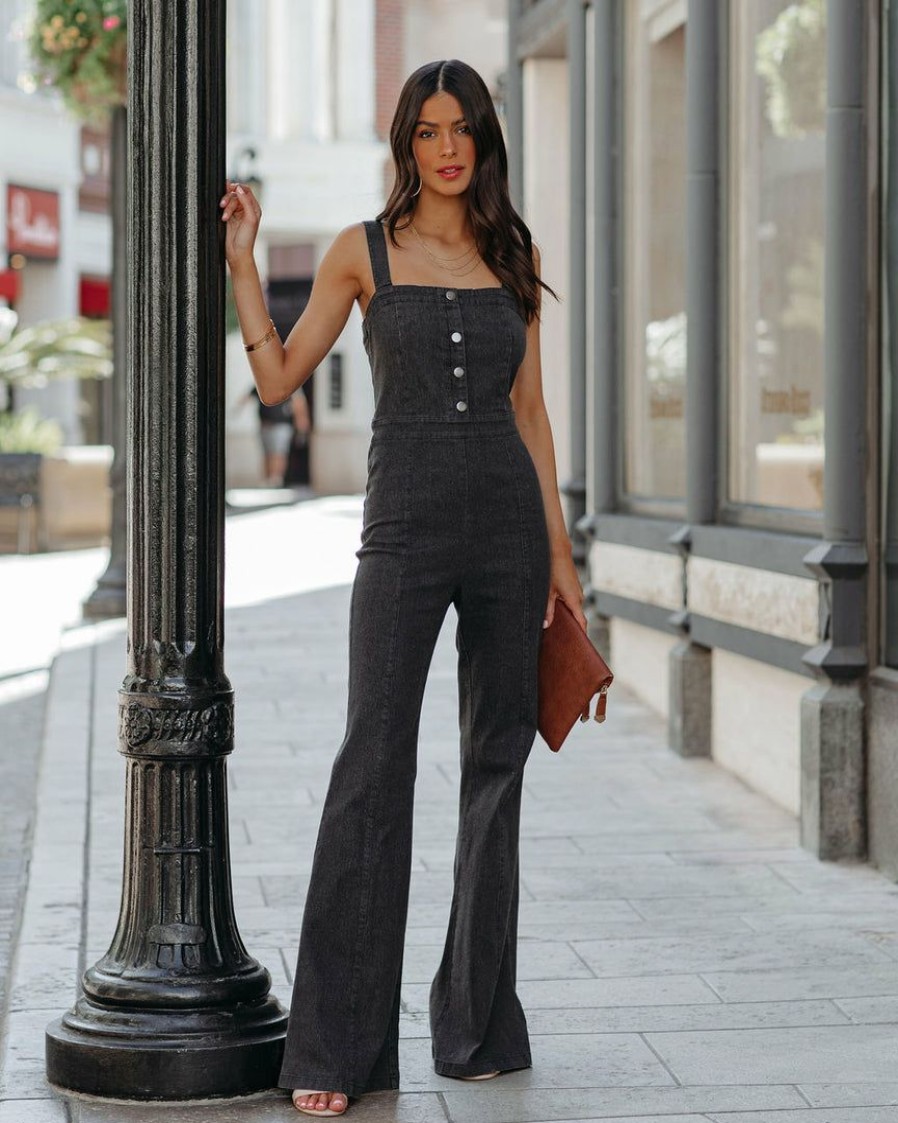 Clothing * | Salt-001 Connor Cotton Blend Denim Flare Jumpsuit Black Acid