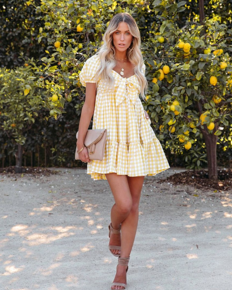 Clothing * | Mabl-001 Bonny Pocketed Gingham Tie Front Babydoll Dress Yellow Final Sale Dresses