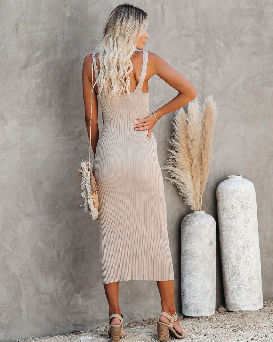 Clothing * | Mod -001 Melbourne Ribbed Knit Midi Dress Taupe Final Sale The Vacation Shop