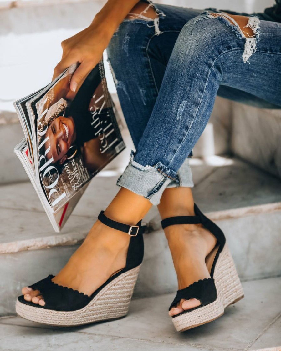 Shoes * | 3Bs-002 Suri Scalloped Espadrille Wedge Black Shoes