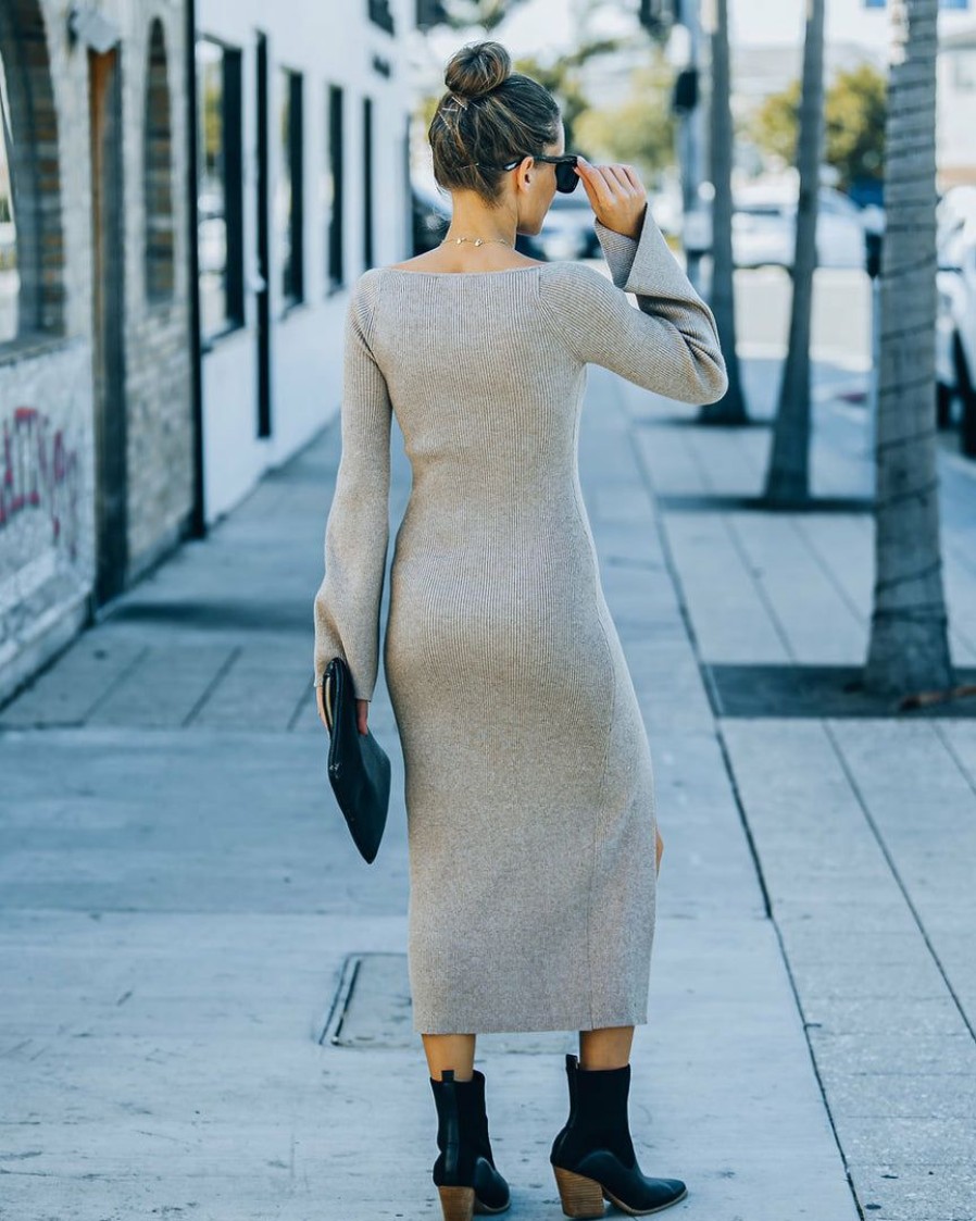 Clothing * | Aaa-001 Broadway Ribbed Knit Midi Dress Mocha Final Sale