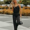 Clothing * | Lucc-001 Chic Matching Sets Chana Satin Pocketed High Rise Trousers Black Final Sale