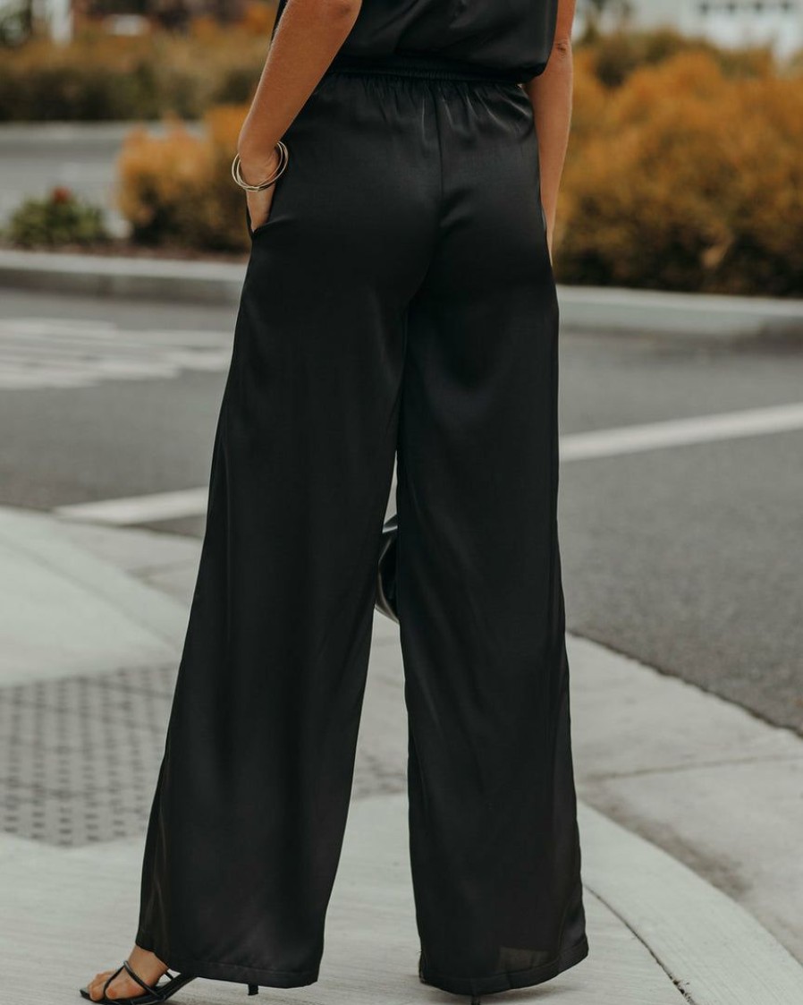 Clothing * | Lucc-001 Chic Matching Sets Chana Satin Pocketed High Rise Trousers Black Final Sale