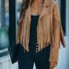 Clothing * | Flaw-001 Coats & Jackets Walford Cropped Fringe Faux Suede Jacket Camel