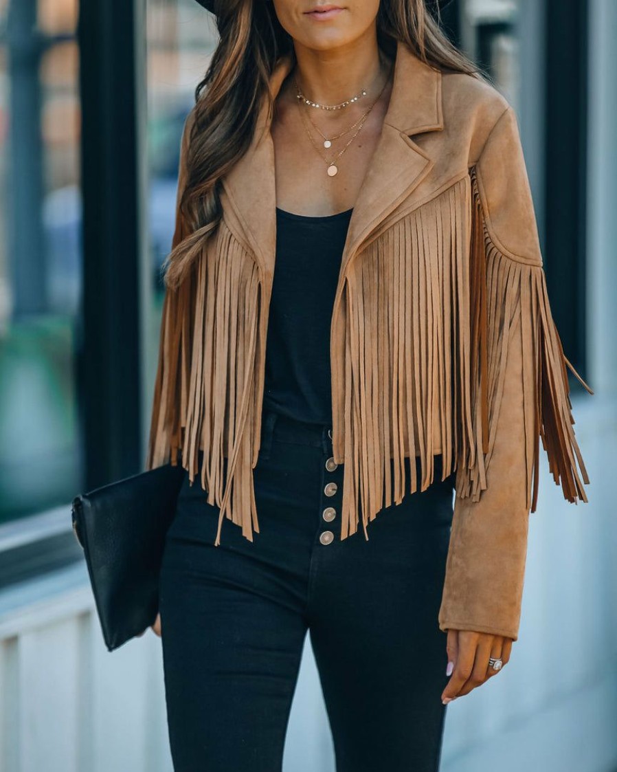 Clothing * | Flaw-001 Coats & Jackets Walford Cropped Fringe Faux Suede Jacket Camel