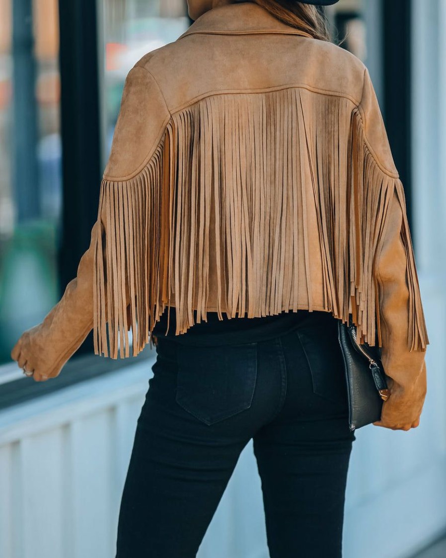 Clothing * | Flaw-001 Coats & Jackets Walford Cropped Fringe Faux Suede Jacket Camel