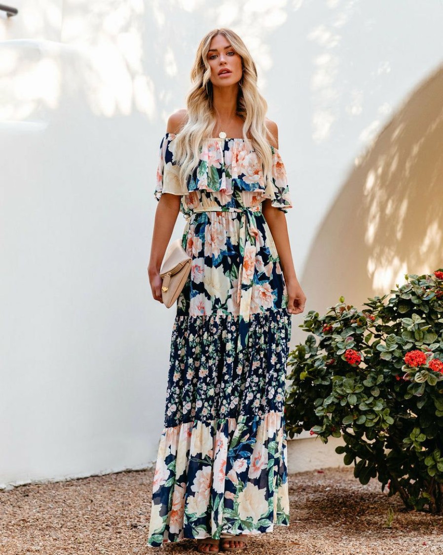 Clothing * | Salt-001 Sweet Summertime Petal Power Floral Off The Shoulder Maxi Dress Navy Final Sale