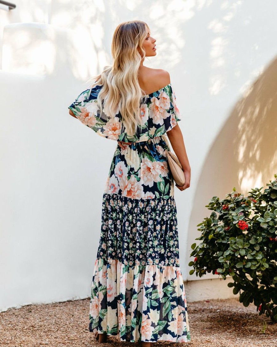 Clothing * | Salt-001 Sweet Summertime Petal Power Floral Off The Shoulder Maxi Dress Navy Final Sale