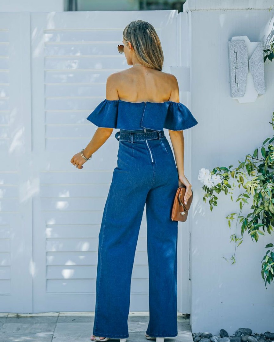 Clothing * | Salt-001 Wilinda Off The Shoulder Denim Jumpsuit Indigo