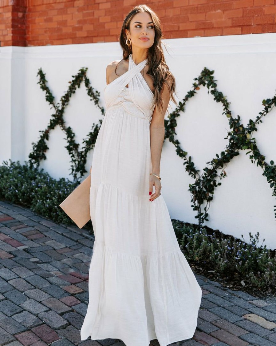 Clothing * | Flaw-001 Hattie Strapless Pocketed Tie Front Maxi Dress Bamboo Cream Photoshoot Ready