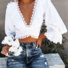 Clothing * | Oliv-001 Rhonda Cotton Blend Crochet Lace-Up Crop Top