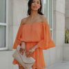 Clothing * | Endl-001 Definitely Demure Off The Shoulder Chiffon Romper Orange Final Sale Take Me To Miami