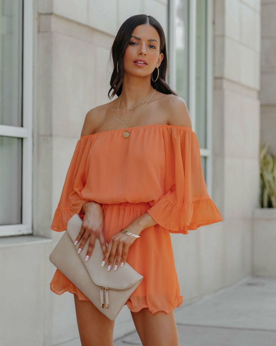 Clothing * | Endl-001 Definitely Demure Off The Shoulder Chiffon Romper Orange Final Sale Take Me To Miami