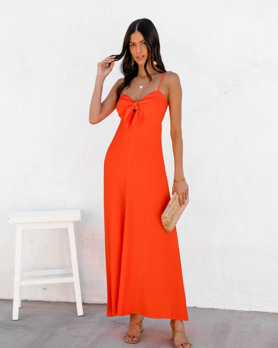 Clothing * | Oliv-001 Take Me To Miami Eladoria Front Tie Maxi Dress Red Orange Final Sale