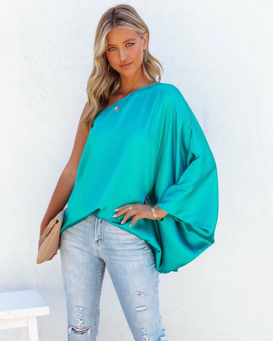 Clothing * | Tych-001 Tops Stanbury Satin One Shoulder Blouse Teal